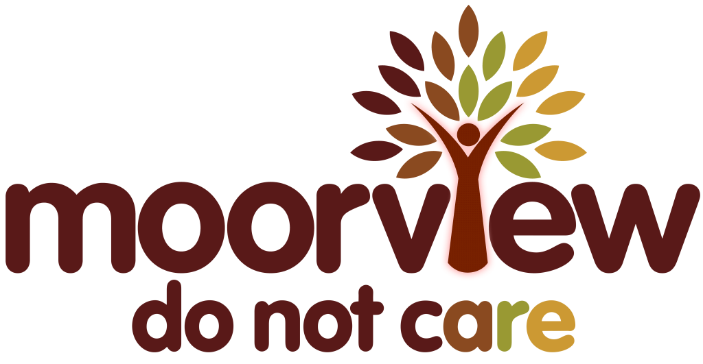 Moorview Do Not Care logo, in scorched earth colour (red, brown, burnt, wooden) palette.