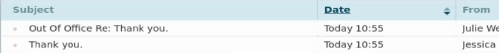 A screenshot from my inbox showing an out of office reply from Julie, after I emailed someone else.